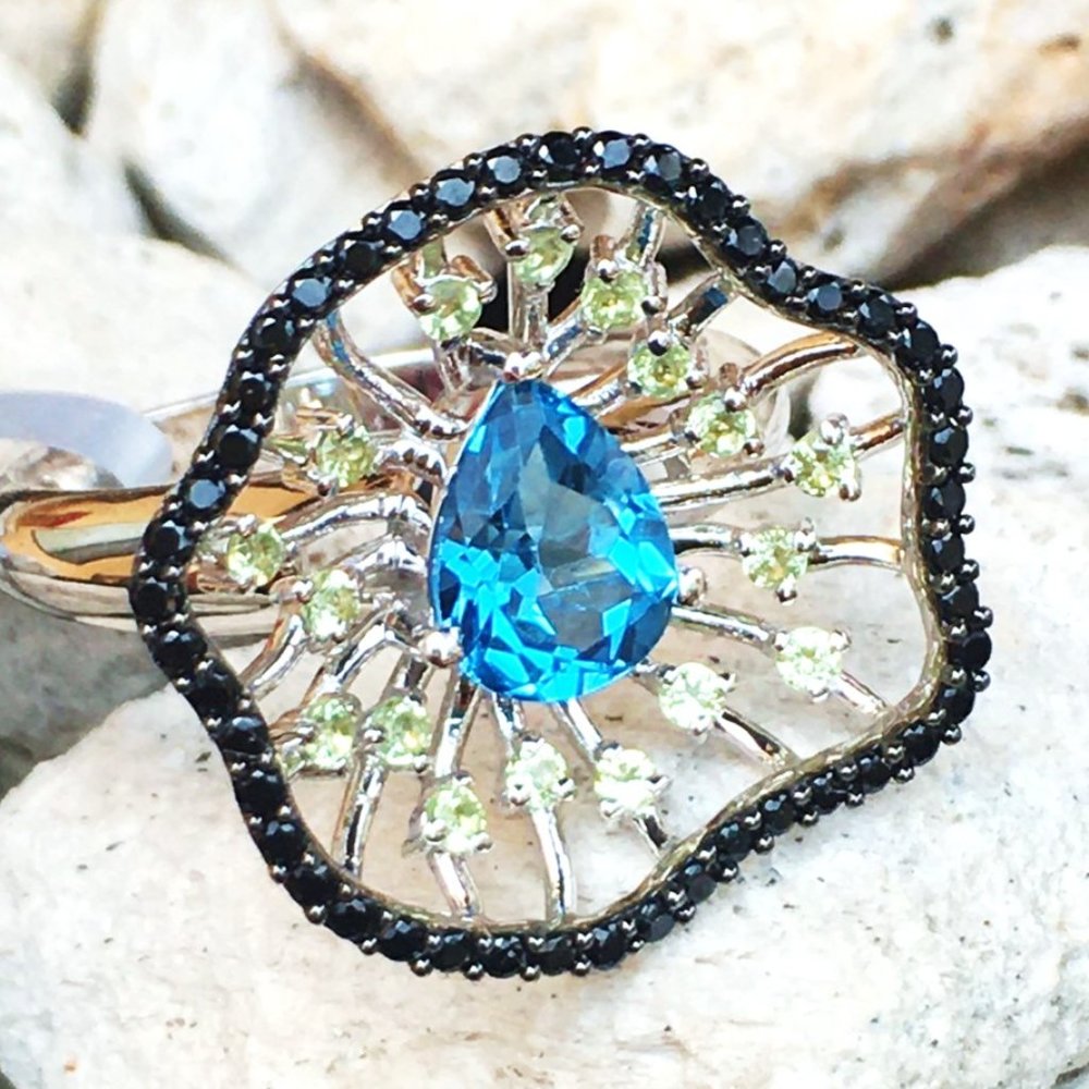 Swiss Blue Topaz .925 Cocktail Ring Peridot Black Spinel Sterling Silver Genuine - Picture 5 of 15